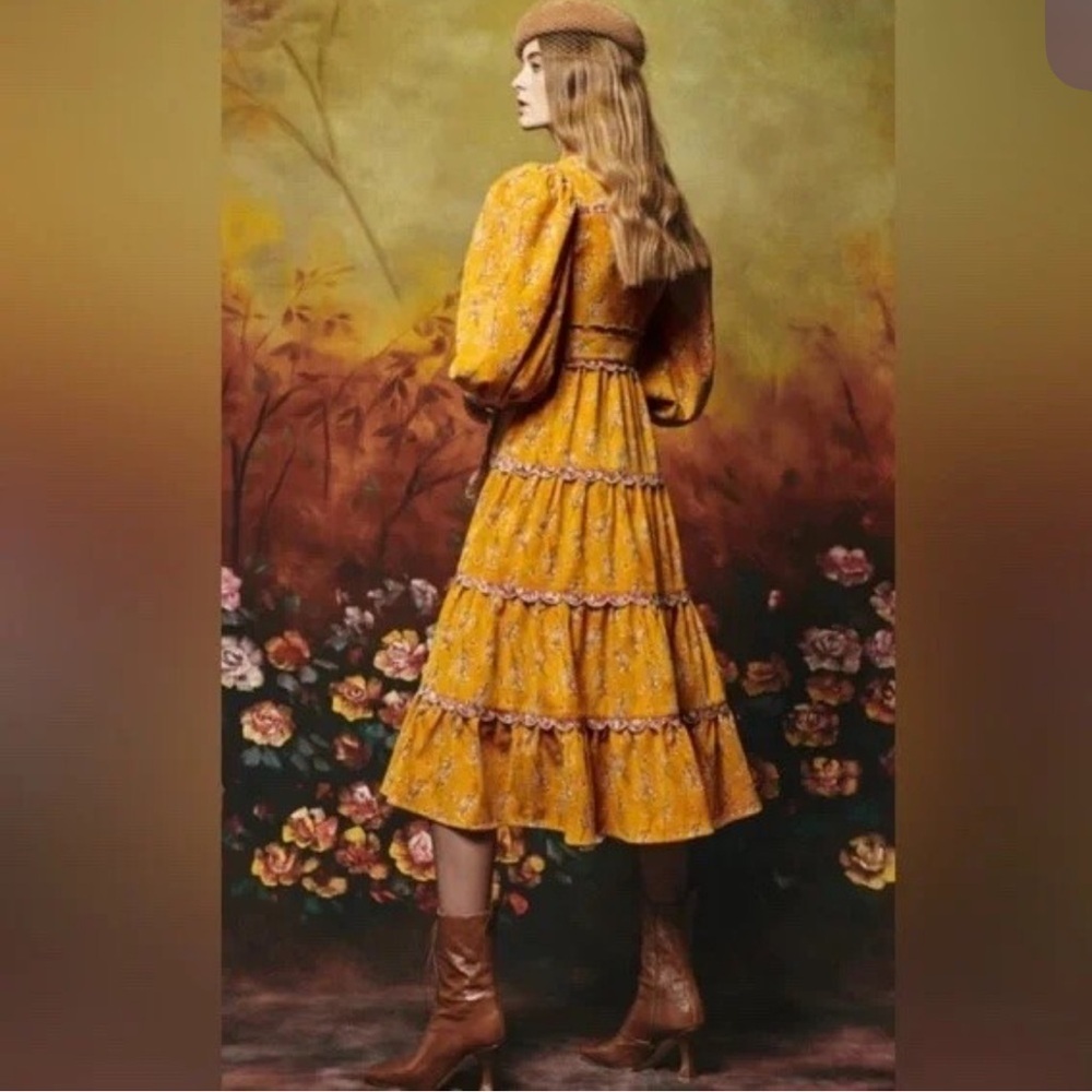 CeliaB Willow Dress Mustard Floral Long Sleeve Dress corduroy print midi NWT L - Picture 2 of 10